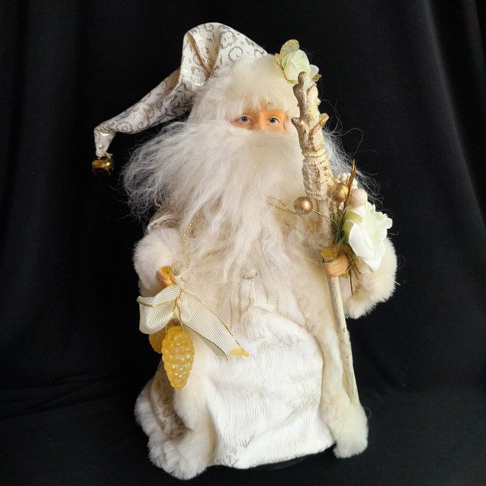 White Rose Floral Santa Tree Topper Table Top Botanical Old World St. Nick Gold